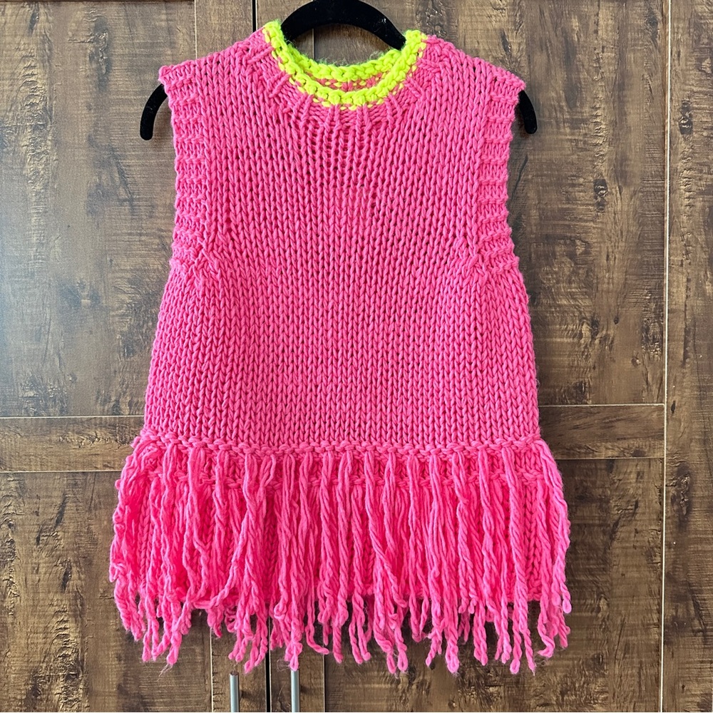 Dr. Bloom pink fringed vest with neon collar